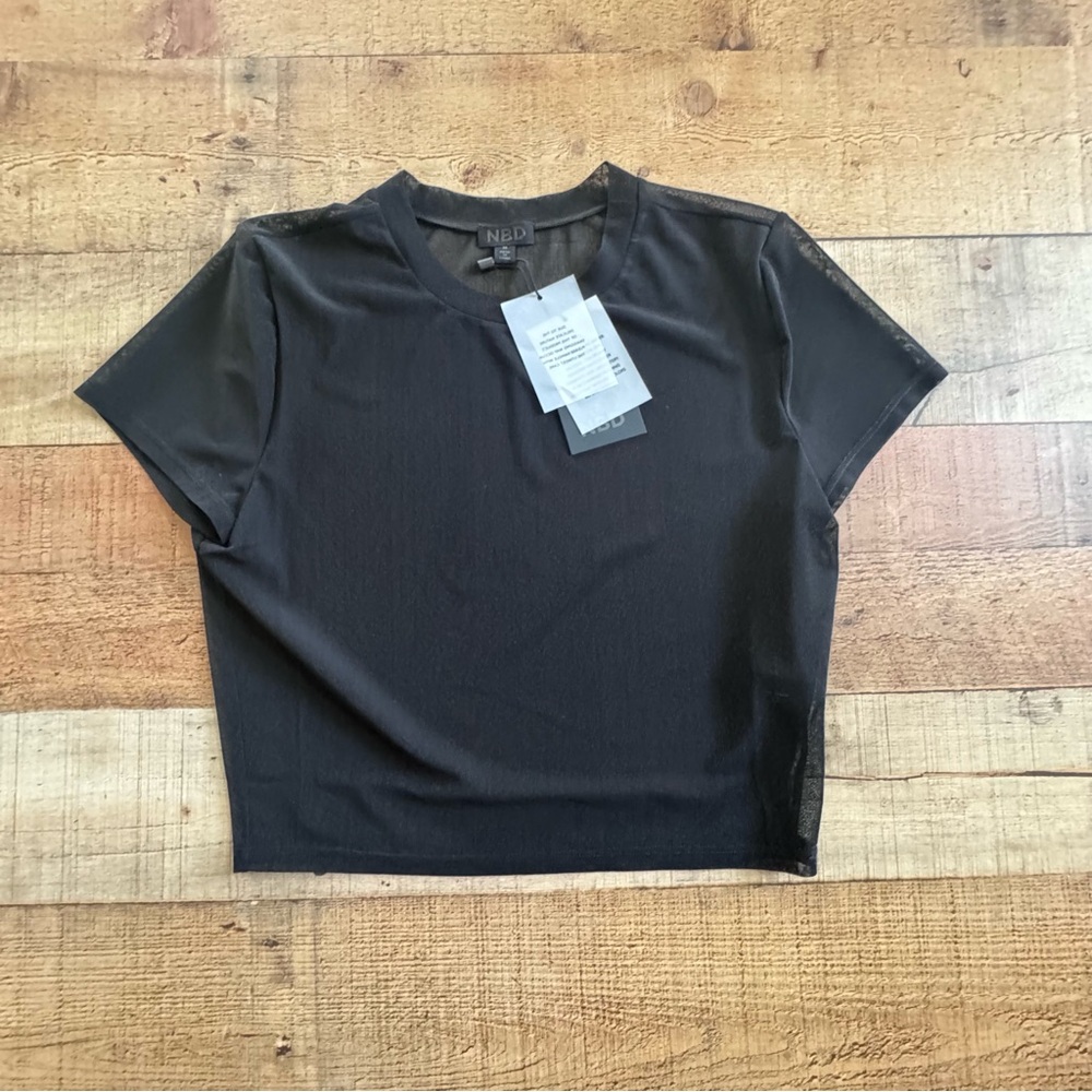 NBD Mesh Crop Crew Neck T-Shirt Black NEW with Tags MEDIUM